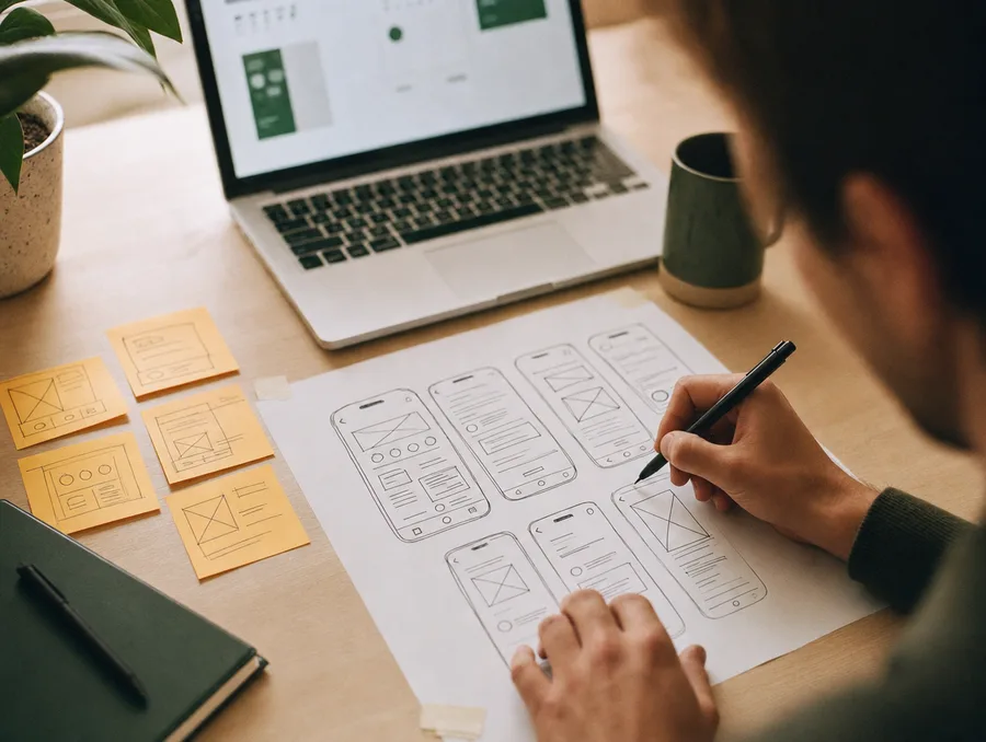 Hands sketching mobile app wireframes with a pen beside marigold sticky notes and a laptop