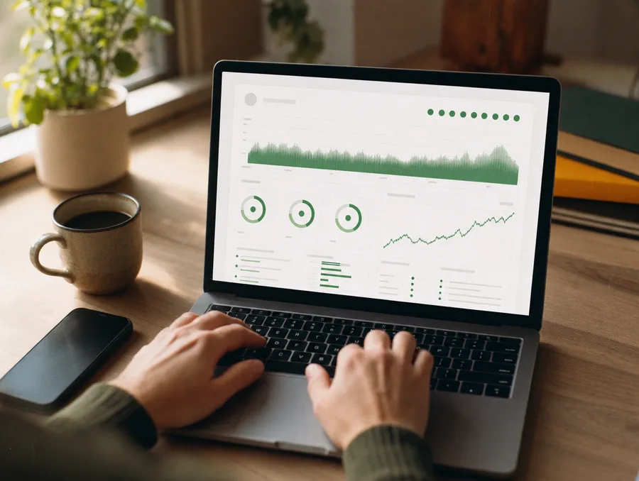 Hands typing on a laptop showing a website monitoring dashboard with green uptime graphs