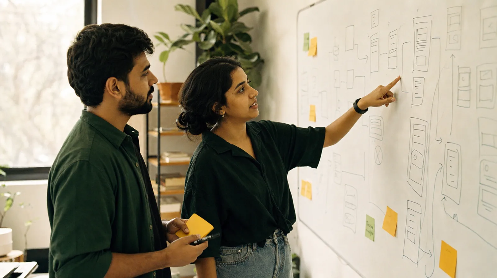 Two designers at a whiteboard in the Antarya studio mapping a user flow with sticky notes